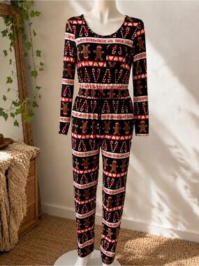 Gingerbread Candy Cane Christmas Jumpsuit Pajamas Size M